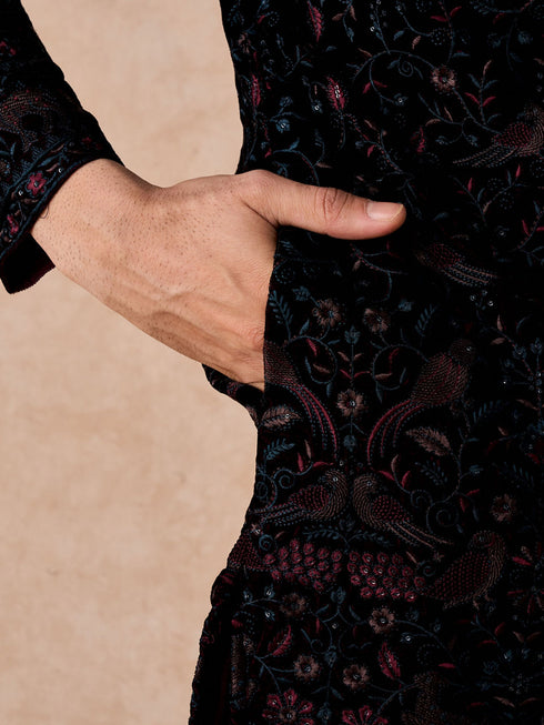 Manyavar Luxurious Wine Velvet Kurta Patiala
