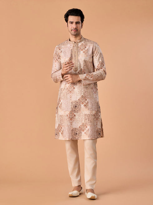 Manyavar Beige Splendor Kurta Pajama