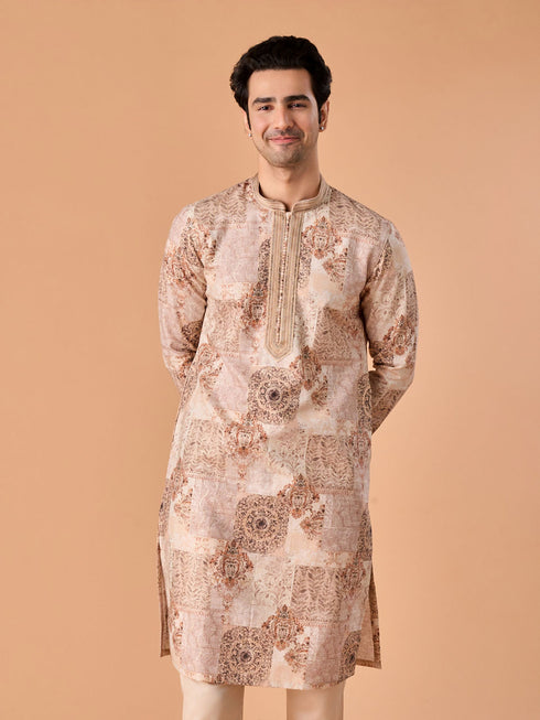 Manyavar Beige Splendor Kurta Pajama