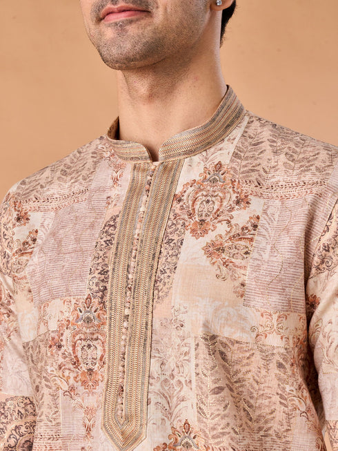 Manyavar Beige Splendor Kurta Pajama