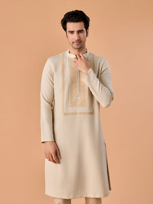 Manyavar Beige Elegance Kurta Pajama