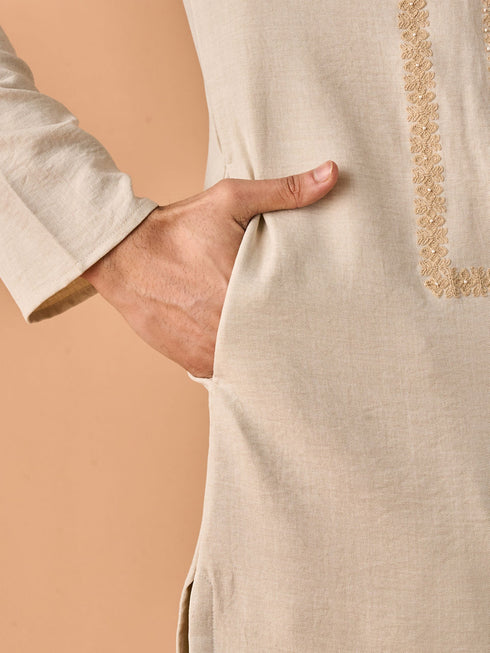 Manyavar Beige Elegance Kurta Pajama