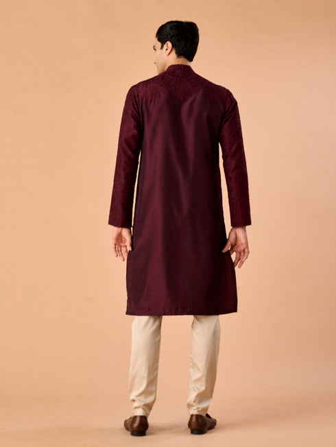 Manyavar Wine Embroidered Kurta Pajama Set
