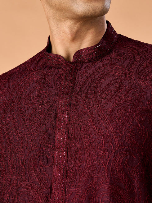 Manyavar Wine Embroidered Kurta Pajama Set