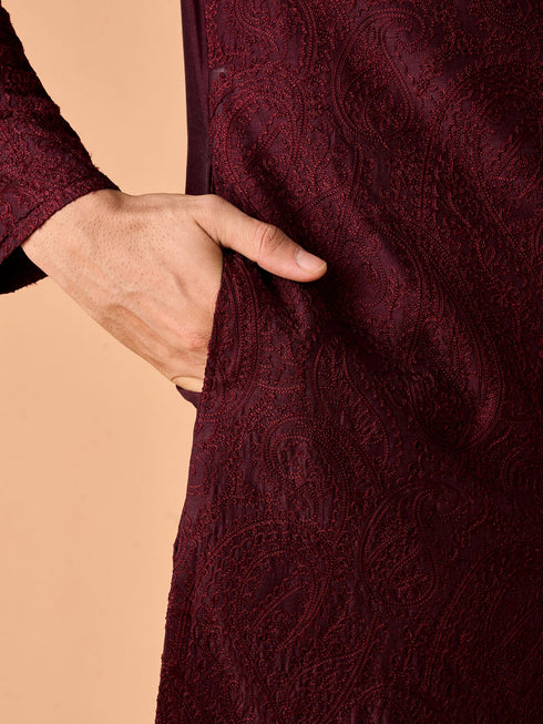 Manyavar Wine Embroidered Kurta Pajama Set