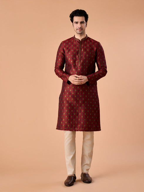 Manyavar Maroon Majesty Brocade Kurta Pajama