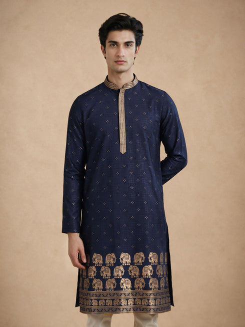 Manyavar Blue Self-Textured Blended Viscose Kurta Pajama Set