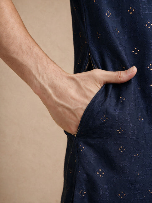 Manyavar Blue Self-Textured Blended Viscose Kurta Pajama Set