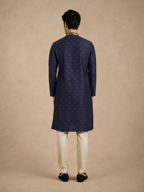 Manyavar Blue Self-Textured Blended Viscose Kurta Pajama Set