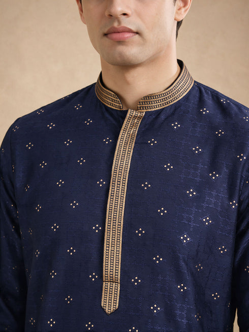 Manyavar Blue Self-Textured Blended Viscose Kurta Pajama Set