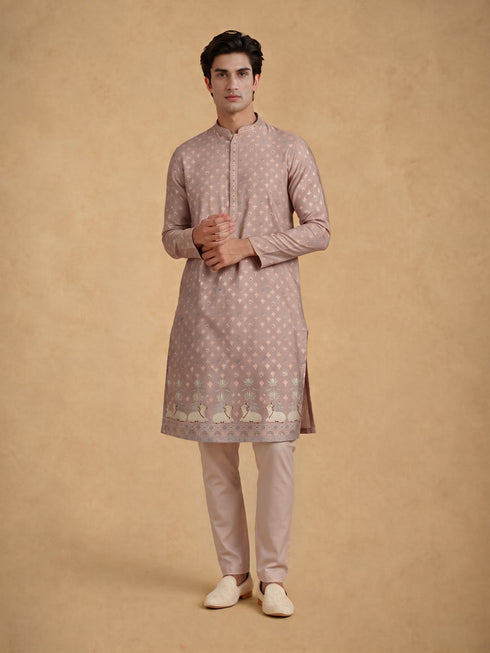 Manyavar Pink Blended Viscose Self-Textured Kurta Pajama Set