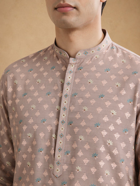 Manyavar Pink Blended Viscose Self-Textured Kurta Pajama Set