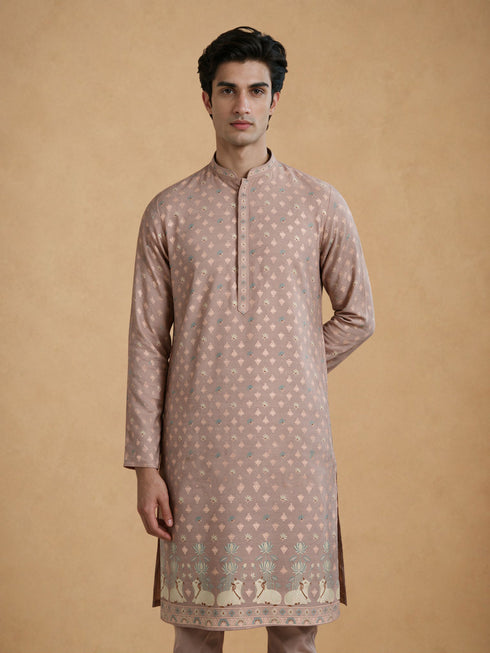 Manyavar Pink Blended Viscose Self-Textured Kurta Pajama Set