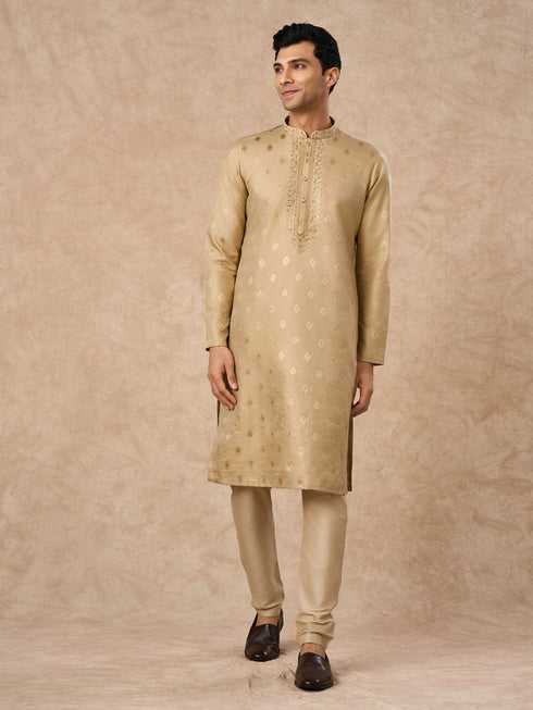 Manyavar Beige Silk Kurta Pajama