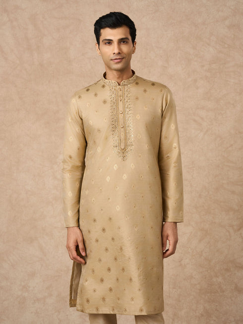 Manyavar Beige Silk Kurta Pajama