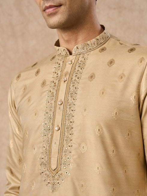 Manyavar Beige Silk Kurta Pajama