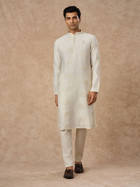 Manyavar Cream Blended Viscose Kurta Pajama