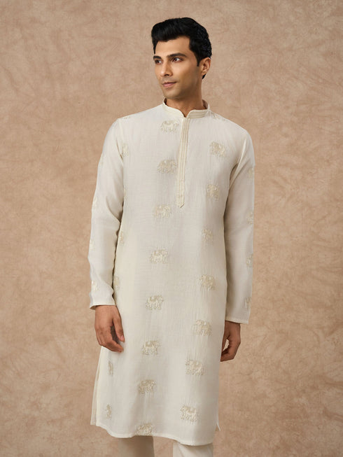 Manyavar Cream Blended Viscose Kurta Pajama