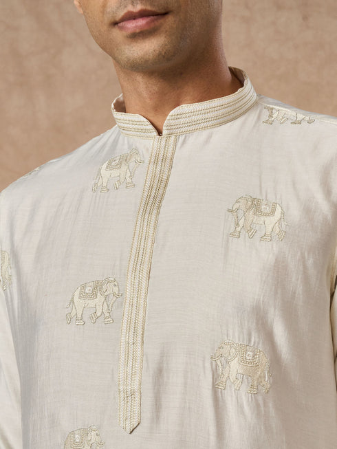 Manyavar Cream Blended Viscose Kurta Pajama