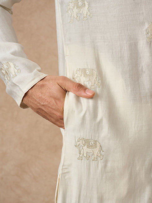 Manyavar Cream Blended Viscose Kurta Pajama