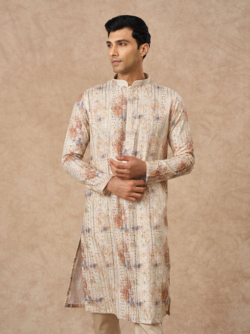 Manyavar Cream Blended Cotton Kurta Pajama with Print