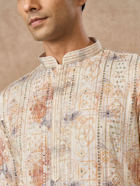 Manyavar Cream Blended Cotton Kurta Pajama with Print