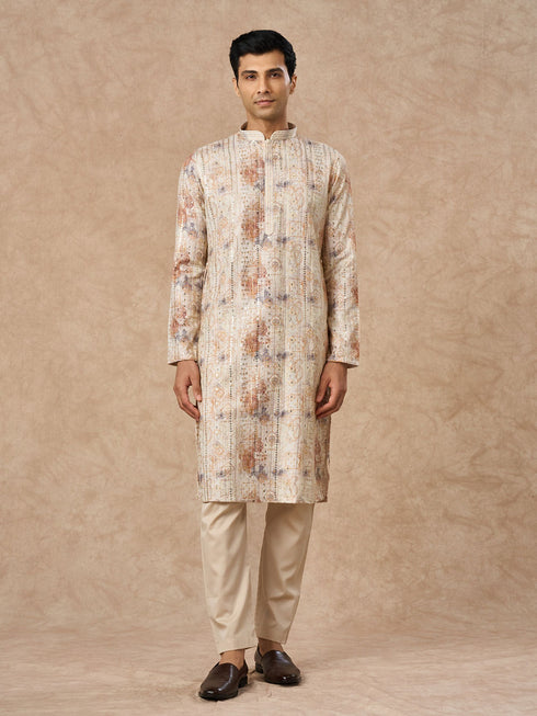 Manyavar Cream Blended Cotton Kurta Pajama with Print