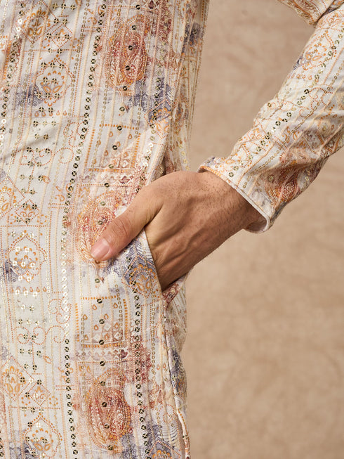 Manyavar Cream Blended Cotton Kurta Pajama with Print