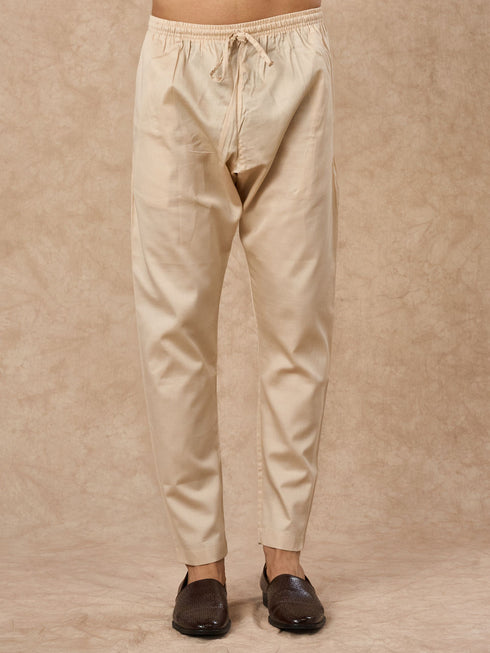 Manyavar Cream Blended Cotton Kurta Pajama with Print