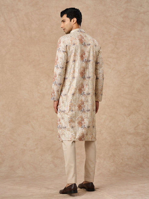 Manyavar Cream Blended Cotton Kurta Pajama with Print
