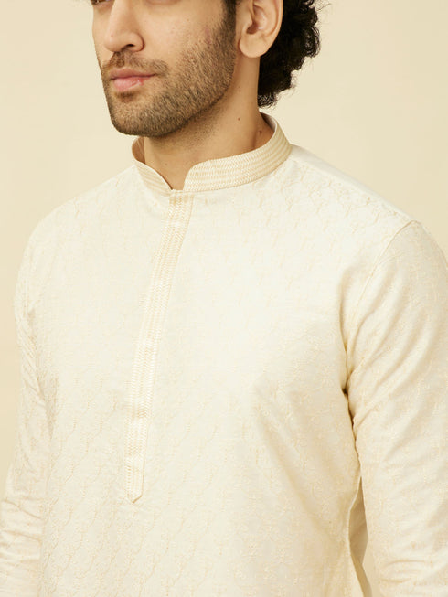 Manyavar Pearled Ivory White Ogee Patterned Kurta Set