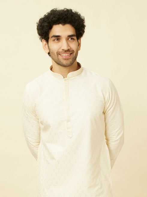 Manyavar Pearled Ivory White Ogee Patterned Kurta Set