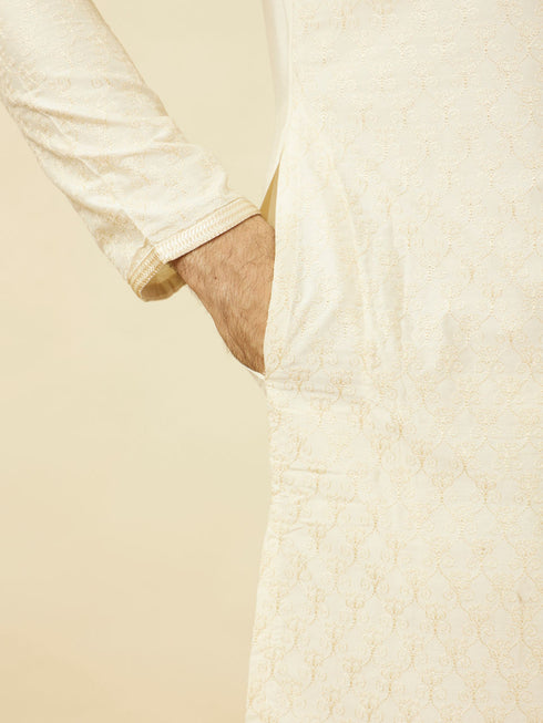 Manyavar Pearled Ivory White Ogee Patterned Kurta Set