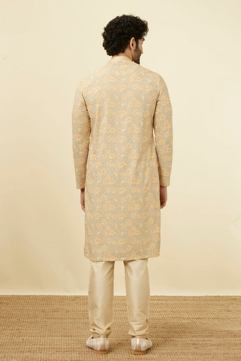 Manyavar Pista Side Open Kurta Pajama Set With Orange Motifs