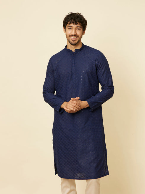 Manyavar Dark Blue Chikankari Kurta Set