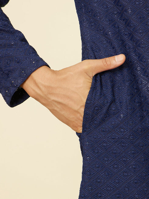 Manyavar Dark Blue Chikankari Kurta Set
