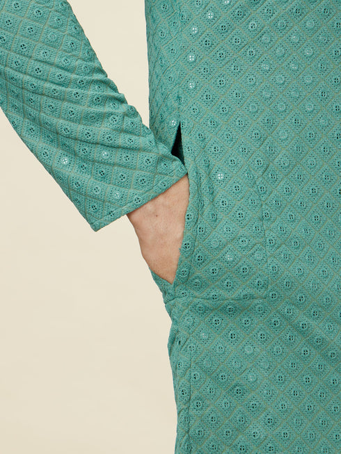 Manyavar Sea Green Sequin Embellished Chikankari Kurta Set