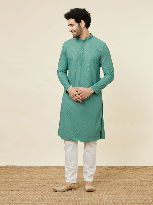 Manyavar Sea Green Sequin Embellished Chikankari Kurta Set