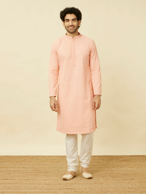 Manyavar Peach Diamond Patterned Chikankari Embroidered Kurta Set