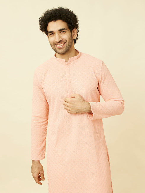 Manyavar Peach Diamond Patterned Chikankari Embroidered Kurta Set