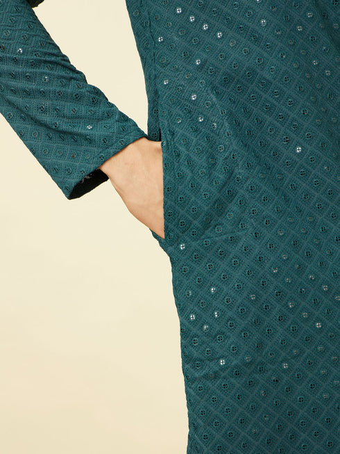Manyavar Turquoise Blue Diamond Patterned Chikankari Embroidered Kurta Set
