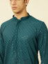 Manyavar Turquoise Blue Diamond Patterned Chikankari Embroidered Kurta Set