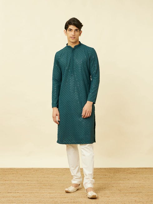 Manyavar Turquoise Blue Diamond Patterned Chikankari Embroidered Kurta Set
