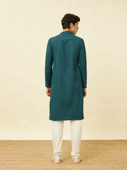 Manyavar Turquoise Blue Diamond Patterned Chikankari Embroidered Kurta Set