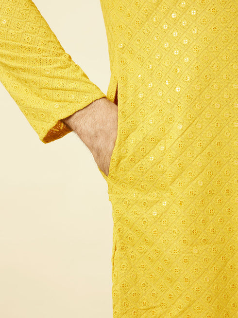 Manyavar Candlelight Yellow Floral Patterned Sequined Chikankari Kurta Set