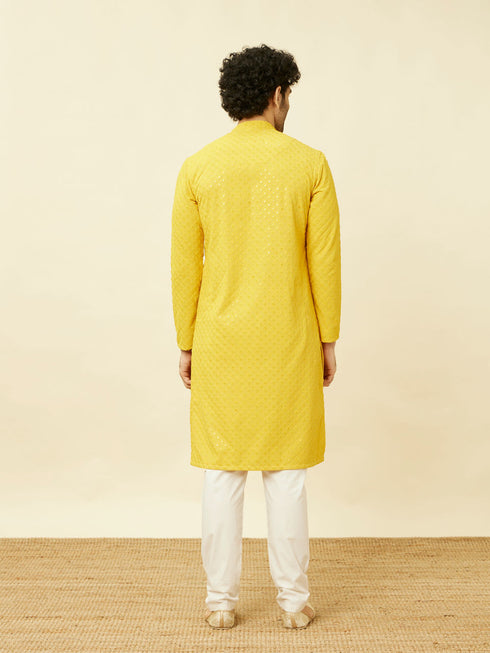 Manyavar Candlelight Yellow Floral Patterned Sequined Chikankari Kurta Set