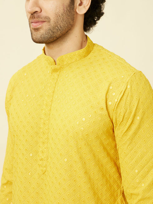 Manyavar Candlelight Yellow Floral Patterned Sequined Chikankari Kurta Set