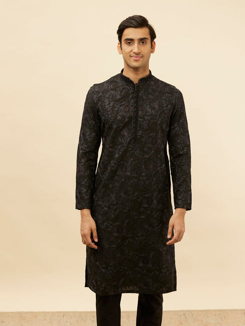 Manyavar Kohl Black Botanical Embroidered Kurta Set