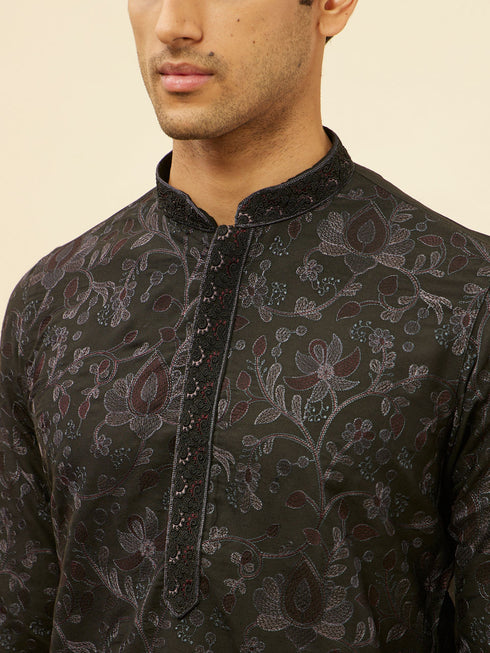 Manyavar Kohl Black Botanical Embroidered Kurta Set