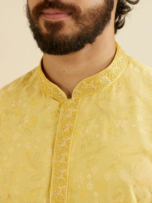 Manyavar Buttercup Yellow Bel Buti Patterned Kurta Set